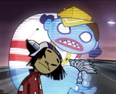 an animated image of a cartoon character holding onto another character's head and looking at the camera