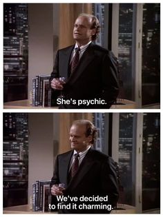 two pictures with the same person in suits and ties, one saying she's psychic we've decided to find it charming