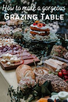 Grazing table filled with meats, cheese, bread, cake, with fresh flowers tucked in the spread. Dessert Charcuterie Boards, Charcuterie Wedding, Dessert Charcuterie, Dreamy Forest, Forest Birthday, Grazing Table, Bar Cart Decor, Grazing Tables, 40th Birthday Parties