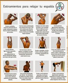 the instructions for how to do an arm and shoulder stretches in spanish, with pictures of different