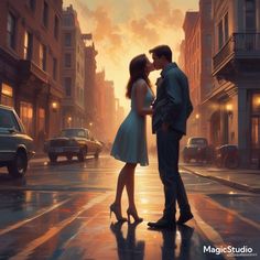 a man and woman kissing in the rain on a city street with cars behind them