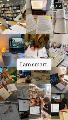 a collage of pictures with books and laptops on them, including one that says i am smart