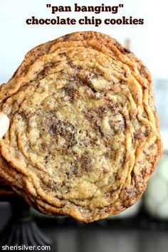 a person holding up a chocolate chip cookie