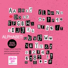 the alphabet is made up of black and white letters on a pink background with red lips