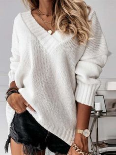 Shop Affordable Women Sweaters Spring/Fall Sweater Casual Sweater Color Block Sweater Loose Daily V Neck Long Sleeve On Justfashionnow.com Winter Pullover, Trendy Winter, Estilo Chic, Sweater Collection, Casual Sweaters, Softest Sweater, Outfit Casual, Winter Sweaters, Winter Casual