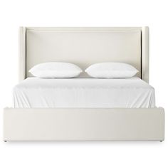 a white bed with two pillows on it's headboard and foot board in front of a white background