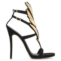 These high heel, black suede three-strap sandals revisit a Zanotti classic design, embellishing it with the 'Cruel' golden metal accessory. They feature a small plateau, and a golden detail on the inner side of the heel. Set on a leather sole with logo. Guissepe Zanotti Heels, Sandals Socks, Energy Kids, Zanotti Heels, Black High Heel Sandals, Giuseppe Zanotti Heels, Socks Shoes, Beautiful Heels, Giuseppe Zanotti Shoes