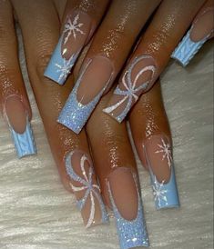 #nail #nailidea #fakenail #naildesign #nailart #frenchtipnaildesigns #nailglitter #acrylicnaildesigns #2024nailtrends #patternnail #christmasnail Acrylic Nail Christmas, Nails Icy Blue, Nails Aesthetic Winter, Winter Nails Long, Winter Nail Sets, Blue Nails Cute, Icy Blue Nails, Nails Nye, Nail Designs For 2023