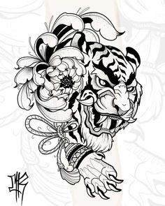 a tiger with flowers on it's head in black and white tattoo art design