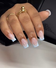 Deep Smile French Nails Square, Short Nails Ideas French Tip Color, Nail Single Color, Short French Tip Acrylic Nails Color, Short V French Nails, Light Blue Nails French Tip, French Tip With Accent Nail, Short Blue French Tip Nails, Small Acrylic Nails