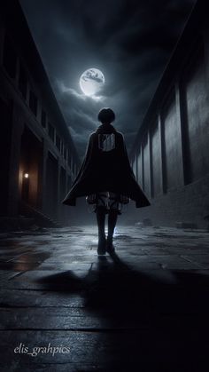 a person standing in the middle of an alley way at night under a full moon