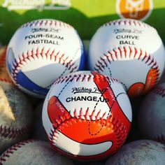 three baseballs are sitting on top of each other in a pile with the words change up written on them