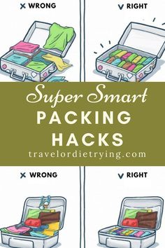 an open suitcase with the words super smart packing hacks on it and two pictures showing different