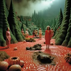 a group of people standing in the middle of a red swamp with trees and rocks