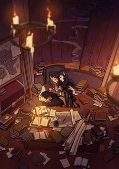 two people sitting on a bed surrounded by books and papers with candles in the background