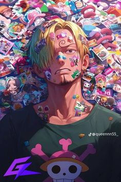 an anime character with many stickers all over his face and chest, surrounded by other characters