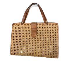 Vintage Pre-loved Wicker Bag, Vienna Straw, 1960s, with leather Vintage Woven Straw Bag For Vacation, Vintage Brown Woven Straw Bag, Vintage Rectangular Straw Bag With Handles, Vintage Woven Handheld Bag, Vintage Woven Basket Bag, Wicker Bags, Vintage Wicker, Vintage Accessories, Vienna