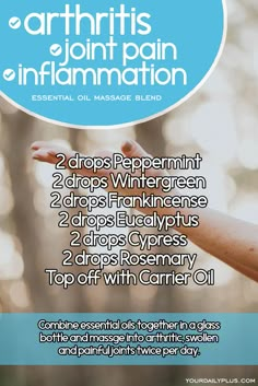 Essential oil massage blend for arthritis, joint pain and inflammation. Try this natural treatment using Peppermint, Wintergreen, Frankincense, Eucalyptus, Cypress and Rosemary. Essential Oils For Inflammation, Pain Relief Essential Oils, Essential Oil Massage, Essential Oils For Massage, Essential Oil Remedy, Essential Oils Health, Living Essentials Oils