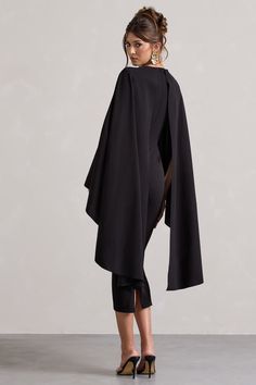 Tranquility Black Gathered Midi Dress With Cape – Club L London - USA Dress With Cape, Club L London, Black Dress Prom, Black Tie Gala, Party Dress Long Sleeve, Christmas Party Dress, Bridesmaid Outfit, Black Sequin Dress, Black Velvet Dress