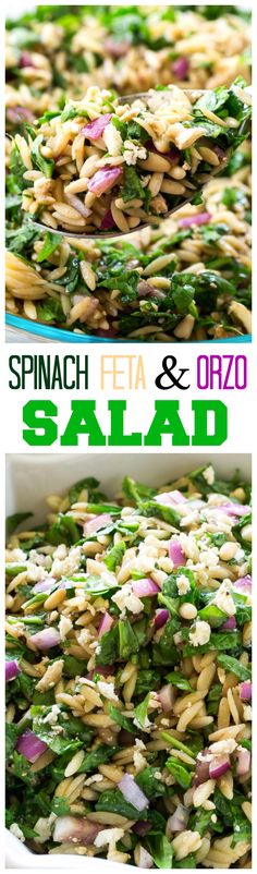 spinach feta and orzo salad is shown in two separate images, with the title above it