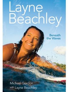 a woman riding on top of a surfboard in the ocean with text that reads, kay