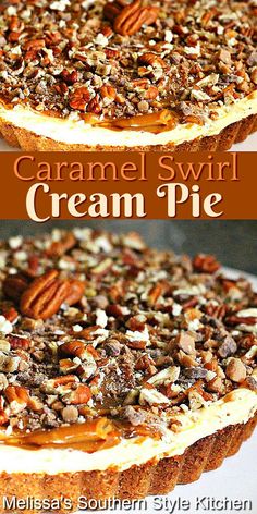 caramel swirl cream pie with pecans and pecans in the crust on top