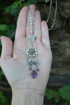 PLEASE read my shop announcement before placing an order so you know what to expect right now. Plus, when ordering from outside Europe, don't forget to provide a phone number for the courier to ensure the fastest and smoothest delivery. Oriental fluorite and amethyst necklace. Exquisite silver filigree tribal fluorite octahedron necklace... The tiny beads are amethysts. Choose your desired length, I've added two options, but if you wish a different one, just convo me or leave me a note at checko Purple Bohemian Necklaces For Healing, Purple Bohemian Healing Necklaces, Bohemian Purple Necklaces For Healing, Bohemian Purple Necklace For Healing, Bohemian Amethyst Necklaces For Jewelry Making, Bohemian Amethyst Pendant Jewelry, Purple Amethyst Jewelry For Festival, Handmade Amethyst Bohemian Jewelry, Purple Bohemian Crystal Necklaces With Natural Stones