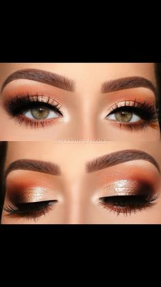 Makeup Looks With Orange Dress, Eyeshadow Looks Orange Brown, Gold Fall Makeup, Makeup For Orange Prom Dress, Nail Color For Orange Dress, Makeup To Match Orange Dress, Makeup To Go With Burnt Orange Dress, Makeup Looks Orange Dress, Copper Eyeshadow Looks Green Eyes