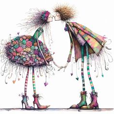 two women in colorful dresses and boots are facing each other