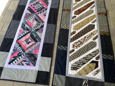 two quilts are laying side by side on the ground, one is black and white