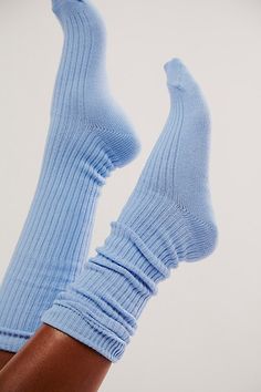 Just as versatile as they are vintage-inspired, these super cool socks are featured in a high-rise silhouette, perfect for wearing up to the knee or scrunching down for a more effortless style. * Super high needle count for detailing * Hand-closed toe for extra comfort * 1x1 rib for a super smooth feel | Super Scrunch Solid Socks by Hansel From Basel at Free People in Blue Trendy Blue Knee-high Socks For Winter, Trendy Ribbed Knee-high Socks For Spring, Trendy Blue Socks For Winter, Trendy Blue Winter Socks, Casual Blue Knee-high Socks, Stretch Blue Socks For Spring, Blue Stretch Socks For Spring, Trendy Stretch Blue Socks, Fitted Blue Socks For Fall