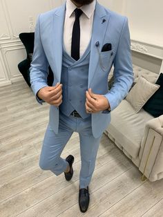 Stefano Light Blue Slim Fit Suit – brabion Blue Slim Fit Suit, Terno Slim Fit, Tuxedo Prom, Light Blue Suit, Costume Bleu, Pants Gift, Wedding Suits Groom, Groom Tuxedo, Suit Material