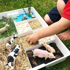 a child is playing with farm animals in their trays