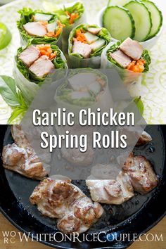 garlic chicken spring rolls on a plate with cucumbers