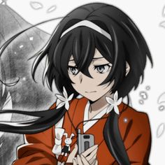 an anime character with long black hair holding a cell phone