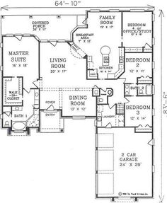 the floor plan for a home with two master suites and one bathroom, including an attached garage