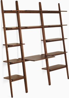 a wooden book shelf with three shelves on one side and two bookshelves on the other