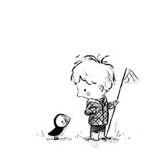 a black and white drawing of a boy holding a flag next to a small bird