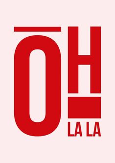 the word la is written in red on a light pink background with an o - h logo