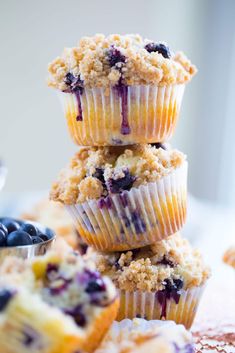 blueberry muffins stacked on top of each other with the title overlay