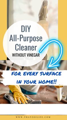 A spray bottle sits on a window sill. In the lower image, a hand is spraying and wiping a counter top with all purpose DIY cleaner without vinegar. Text reads "DIY all- purpose cleaner without vinegar. For every surface in your home. www.ThatZiLife.com" All Purpose Cleaner Diy, Homemade All Purpose Cleaner, Diy All Purpose Cleaner, Diy Cleaner, Homemade Cleaners Recipes, Diy Will, Simple Living Lifestyle, Diy Scent, Homemade Home