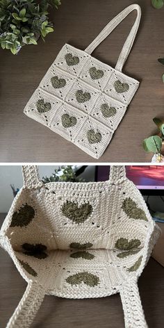 crocheted purses with green leaves on them sitting on a table next to a potted plant