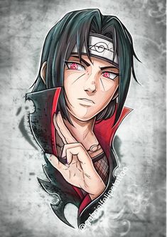 a drawing of a man with black hair and red eyes, wearing an eye patch