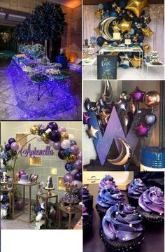 purple and gold decorations are featured in this collage