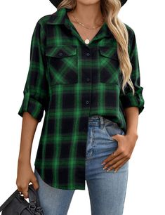 PRICES MAY VARY. Feature: The flannel shirts for women feature collared, single breasted button down front, long sleeves with roll up sleeves detail, two chest pockets, plaid pattern, business casual style. Design: The plaid shirts for women has versatile ways to wear in spring, fall, winter, tied at the waist, wrapped around waist, and as a cardigan, shirt jacket or shacket jacket, making any look seem instantly more fashion forward and hipster. The long sleeves can be rolled up to be 3/4 sleeves. Match: The womens button down shirt is easy to pair with jeans, shorts, skinny leggings for the decent look. The collared shirts can be worn normally, tucked into trousers to look very slim for office lady; cowgirl shirt can also be knotted at the hem to look very young and energetic. Occasion: Flannel Shirts For Women, Plaid Shirts For Women, Womens Button Down Shirt, Business Casual Blouse, Business Casual Style, Jacket Making, Plaid Shirt Women, Collared Shirts, Plaid Shacket