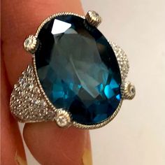 Stunning. Never Worn Blue Ring With Pave Setting For Gift, Blue Pave Setting Ring For Gift, Blue Rings With Pave Setting For Gift, Luxury Blue Rings For Evening, Luxury Blue Rings For Party, Blue Evening Rings, Box Pouch, Judith Ripka, Cross Jewelry