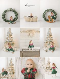 a collage of photos with a baby in front of a christmas tree