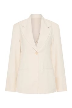 A tailored blazer with a single button closure, crafted from a Linen blend fabrication in a neutral hue. With classic detailing and stitching, style with the matching Soleil Trouser for a refined yet relaxed approach to suiting. Business Casual Beige Blazer With Pressed Crease, Beige Semi-formal Blazer With Pressed Crease, Tailored Cream Blazer For Work, Beige Blazer With Pressed Crease For Semi-formal Occasions, Chic Cream Blazer With Suit Collar, Chic Cream Blazer For Semi-formal Occasions, Chic Beige Blazer With Notch Lapel, Cream Sport Coat With Notch Lapel For Workwear, Cream Blazer With Hidden Button For Business Casual