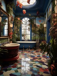 This bathroom's polychromatic tiles in shades of blue and crimson create a vibrant backdrop, exuding energy and warmth. The wallpaper featuring fictional landscapes adds a touch of whimsy. A vintage soaking tub becomes a centerpiece, inviting you to indulge in relaxation. Embracing the essence of tropical maximalism, this Midjourney creation pays homage to the imaginative works of Sig Bergamin. Korean Bedroom, Bohemian Bathroom, Bathroom Paint, Deco Studio, Rooms Ideas, Home Decor Ideas Living Room, Tropical Wall Art, Maximalist Decor, Home Decor Living Room