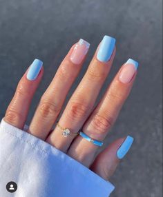 Spring Biab Nails 2023, Baby Blue Biab Nails, Spring Nails 2023 Square, Prom Nails Baby Blue, Nails Baby Blue Design, Full Colour Nails, Baby Blue Tip Nails, One Colour Nails Simple, Nails Acrylic Baby Blue